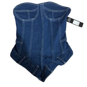 Tensions High Asymmetrical Denim Corset Top - Medium Blue Wash
